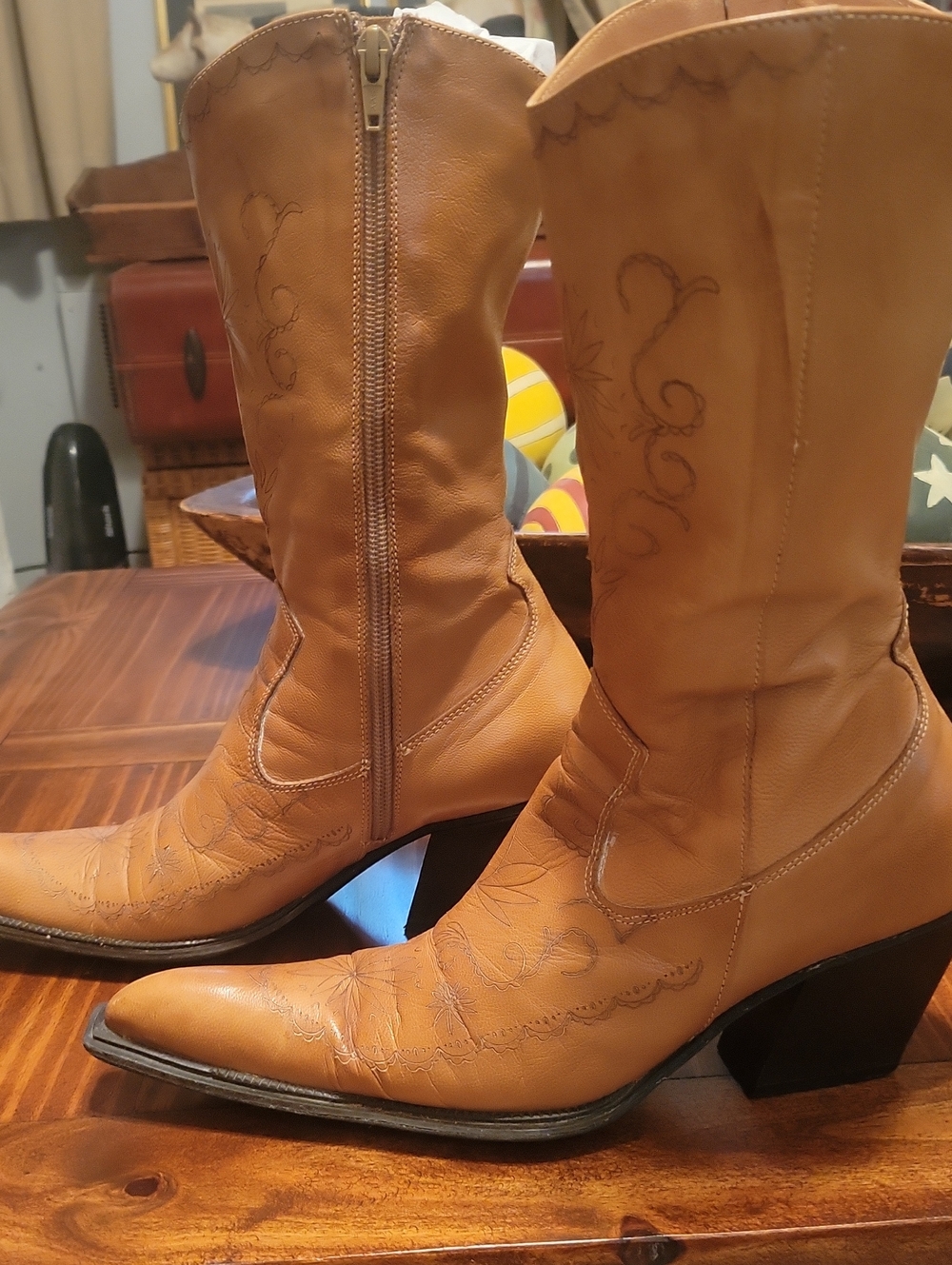 Colin Stuart Tan Leather Embroidered Western Mid-Calf Boots
